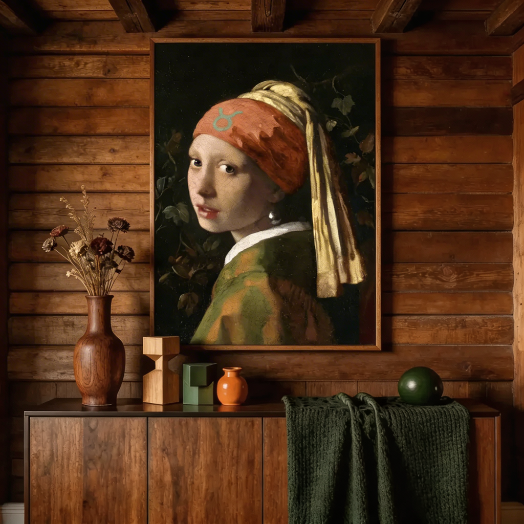 Taurus Zodiac Art Print - Girl with a Pearl Earring Reimagined - Vertical Poster