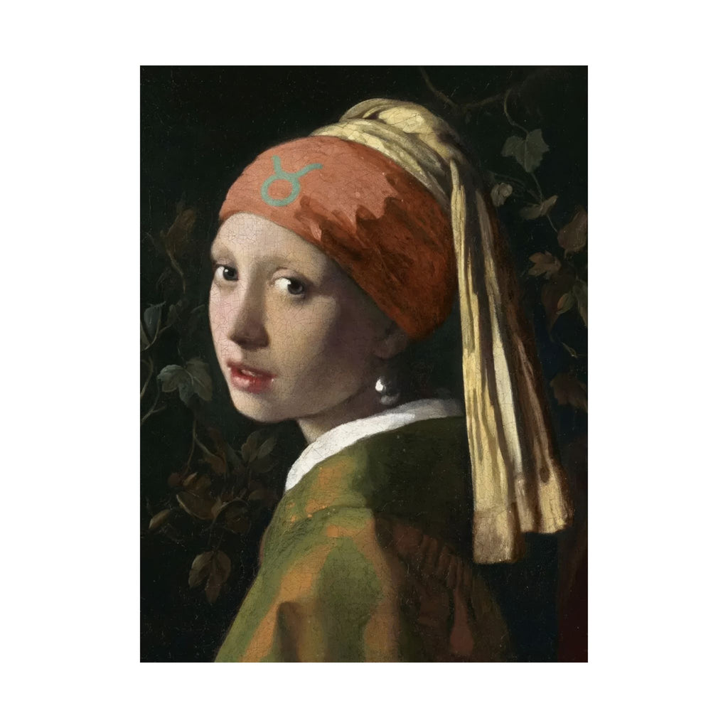 Taurus Zodiac Art Print - Girl with a Pearl Earring Reimagined - Vertical Poster